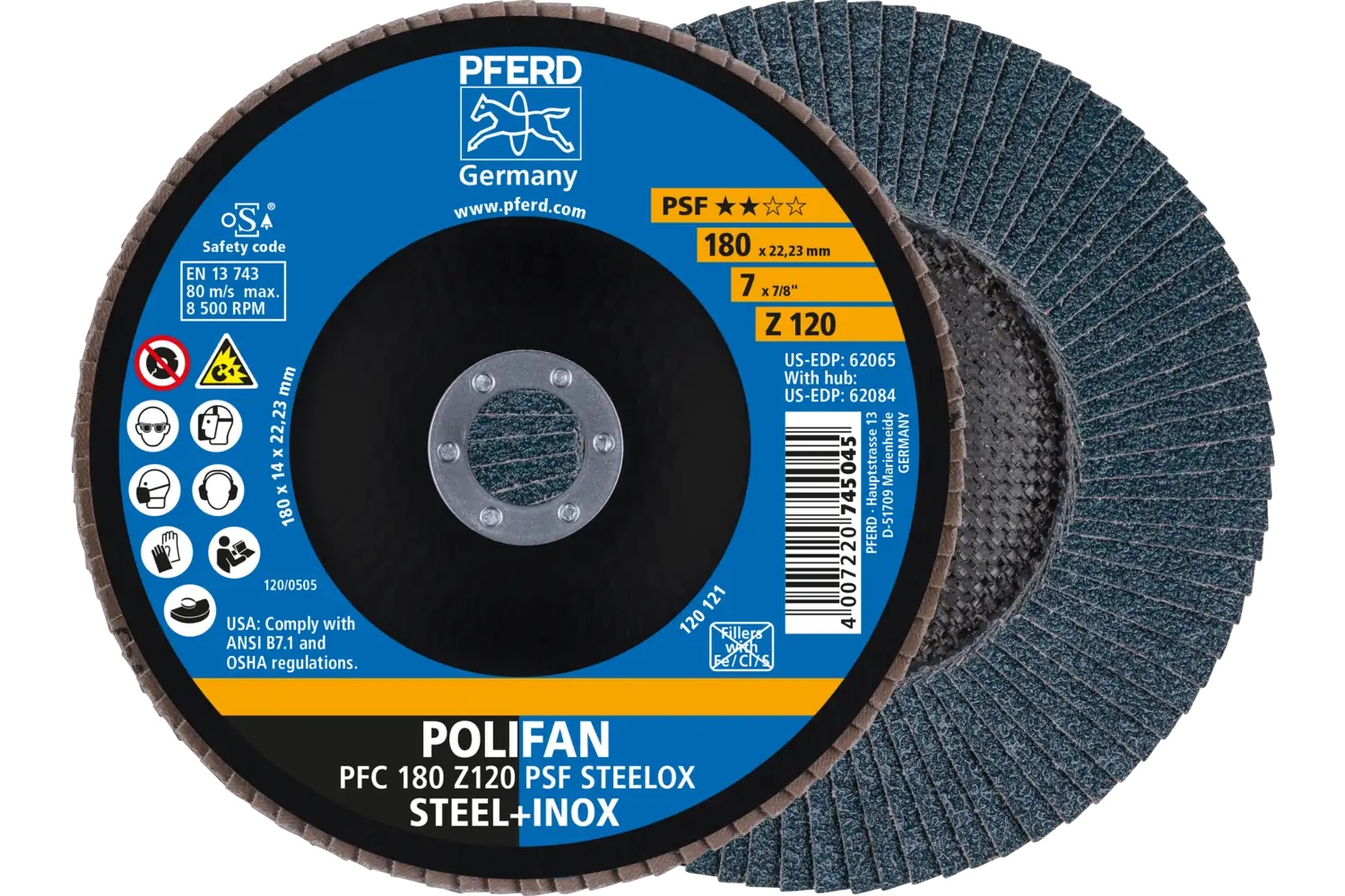Picture of Pferd Flap Disc, 7" x 7/8, Z PSF Steelox, 120 Grit, T29, Conical, Zirconia